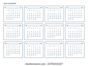 Una plantilla anual de estilo simple y minimalista con un calendario de 12 meses de 2024 años. Nota, planificador, diario, calendario, ilustración de plantilla de diseño del planificador.