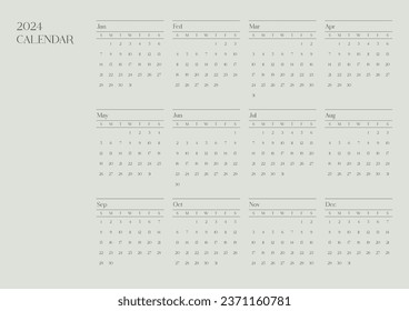 Una plantilla anual de estilo simple y minimalista con un calendario de 12 meses de 2024 años. Nota, planificador, diario, calendario, ilustración de plantilla de diseño del planificador.