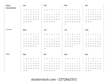 Una plantilla anual de estilo simple y minimalista con un calendario de 12 meses de 2024 años. Nota, planificador, diario, calendario, ilustración de plantilla de diseño del planificador.