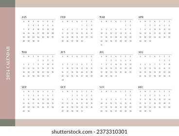 Una plantilla anual de estilo simple y minimalista con un calendario de 12 meses de 2024 años. Nota, planificador, diario, calendario, ilustración de plantilla de diseño del planificador.