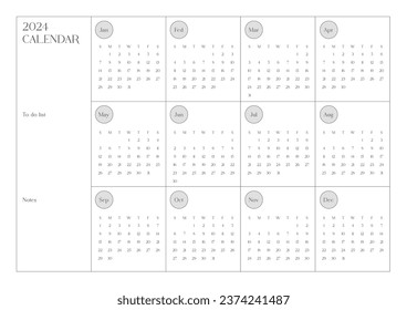 Una plantilla anual de estilo simple y minimalista con un calendario de 12 meses de 2024 años. Nota, planificador, diario, calendario, ilustración de plantilla de diseño del planificador.