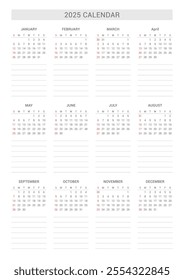 A simple and minimalist style annual template with a 2024 year 12 month calendar. Note, scheduler, diary, calendar, planner design template illustration.