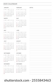 A simple and minimalist style annual template with a 2025 year 12 month calendar. Note, scheduler, diary, calendar, planner design template illustration.