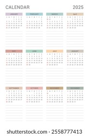 A simple and minimalist style annual template with a 2025 year 12 month calendar. Note, scheduler, diary, calendar, planner design template illustration.