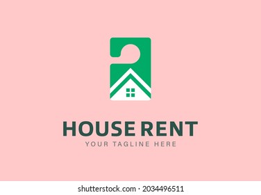 Simple minimalist style logotype design template for real estate agency offering house rent with icon of roof and inscription on pink background