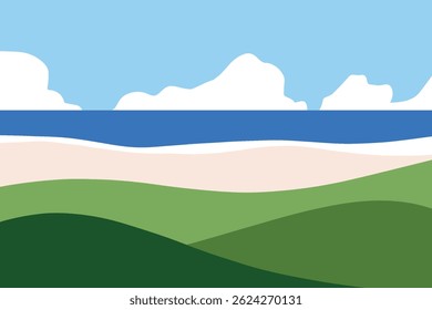 Simple minimalist summer beach flat design. Summer vacation on a sandy beach. Happy hot vacation.