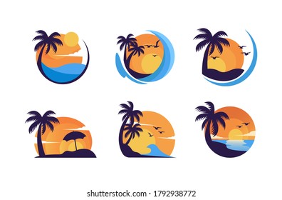 Simple minimalist summer sunset logo design vector template set
