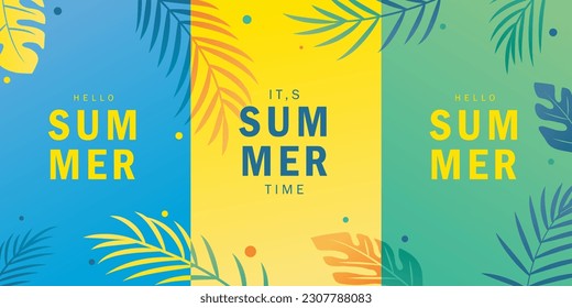 simple minimalist summer time vector design illustration background with tropical leaf theme design. for banner, poster, social media, promotion