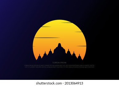 Simple Minimalist Sunrise Sunset Borobudur Temple Statue Logo Design Vector