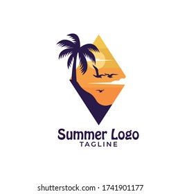 Simple minimalist sunset beach summer logo design template vector