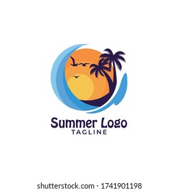 Simple minimalist sunset beach summer logo design template vector
