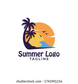 Simple minimalist sunset beach summer logo design template vector