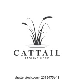 Simple Minimalist Sunset Sunrise or Moon with Grass Cattail Reed River Creek Lake Swamp Logo Design Vector