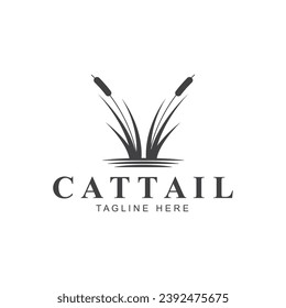 Simple Minimalist Sunset Sunrise or Moon with Grass Cattail Reed River Creek Lake Swamp Logo Design Vector
