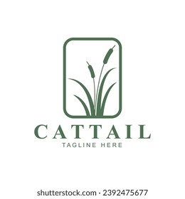 Simple Minimalist Sunset Sunrise or Moon with Grass Cattail Reed River Creek Lake Swamp Logo Design Vector