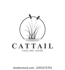 Simple Minimalist Sunset Sunrise or Moon with Grass Cattail Reed River Creek Lake Swamp Logo Design Vector