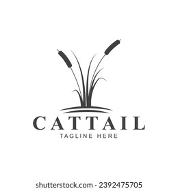 Simple Minimalist Sunset Sunrise or Moon with Grass Cattail Reed River Creek Lake Swamp Logo Design Vector