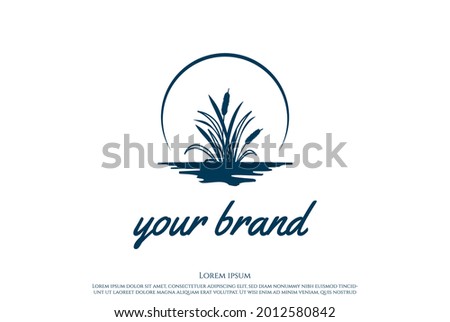 Simple Minimalist Sunset Sunrise or Moon with Grass Cattail Reed River Creek Lake Swamp Logo Design Vector