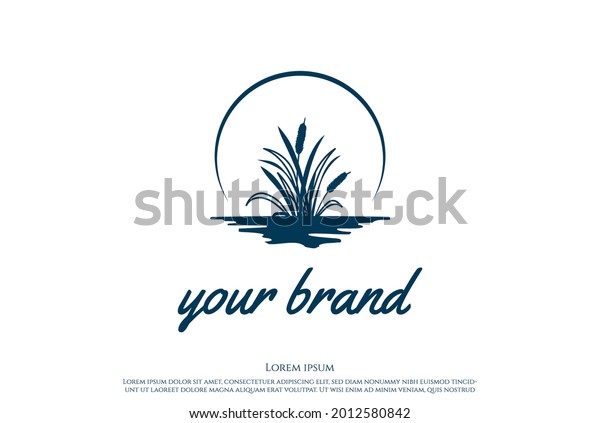 Simple Minimalist\
Sunset Sunrise or Moon with Grass Cattail Reed River Creek Lake\
Swamp Logo Design\
Vector