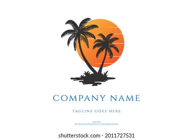 Simple Minimalist Sunset Sunrise with Palm Tree Logo Design Vector