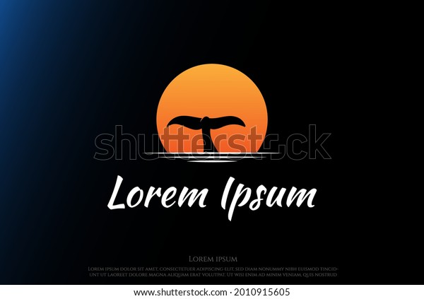 Simple Minimalist Sunset Sunrise with Whale\
Dolphin Tail Logo Design\
Vector