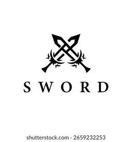 Simple minimalist sword logo design with cool black silhouette, sword weapon tool illustration symbol template icon