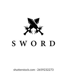Diseño minimalista simple del logotipo de la espada con la silueta negra fresca, icono de la Plantilla del símbolo de la ilustración de la herramienta de la espada