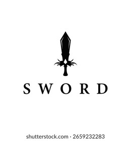 Simple minimalist sword logo design with cool black silhouette, sword weapon tool illustration symbol template icon