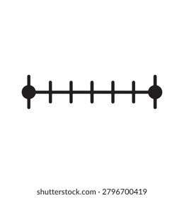 A simple, minimalist thermometer illustration featuring a horizontal bar with evenly spaced vertical tick marks and dual black circular endpoints with short perpendicular lines. The design is monochro.