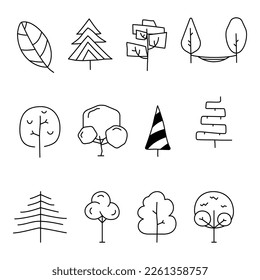 Simple and minimalist tree icons collection. Line art silhouette trees. Stock vector linear symbols set