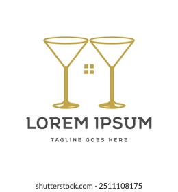 Simples Minimalista Dois Twin Martini Wine Glass com Casa para Pub Tavern Salão Ilustração Design Vetor