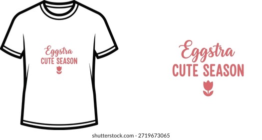 Ein einfaches und minimalistisches Typografie T-Shirt Design für Frühling oder Ostern. Das Design enthält den spielerischen Wortspruch "Eggstra Cute Season", der in zwei verschiedenen Schriftarten (Skript und serifenlose Schrift) geschrieben ist und ein kleines Blumensymbol unter dem Text enthält. Dieses Vektordesign eignet sich perfekt für Bekleidung und Merchandise, um eine fröhliche und saisonale Stimmung einzufangen.