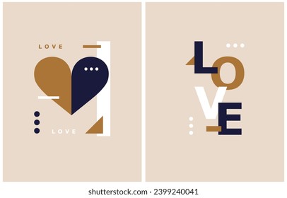 Simple Minimalist Valentine's Day Vector Illustration. Blue-Gold Geometric Style Heart and Word "Love" on a Beige Background. Creative Abstract Romantic Prints ideal for Card, Wall Art, Poster. RGB.