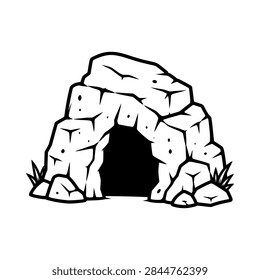 A simple minimalist vector drawing of a stone cavern opening featuring jagged rocks and small tufts of grass at the base