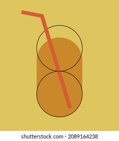simple minimalist vector flat illustration of a glass of orange juice with a straw