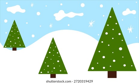Colina de Vector minimalista simple en temporada de Navidades de invierno con nevadas y árboles de Navidad en cielo azul nublado