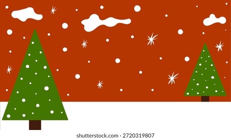 Einfacher minimalistischer Vektor-Hügel in der Wintersaison mit Schneefall und Weihnachtskiefern im Sonnenuntergang und orangefarbenem wolkenverhangenen Himmel