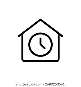 A simple minimalist vector icon featuring a house shape with a clock inside, on a transparent background. Outlined, clean and modern design suitable for various use.