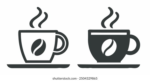 Iconos vectoriales simples y minimalistas de tazas de café calientes, perfectos para diseños relacionados con bebidas, cafés o temas de desayuno. Con un reconocible estilo en blanco y negro.