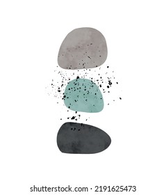 Simple Minimalist Vector Illustration with Black, Mint Blue and Dusty Brown Stones on a White Backgrount. Modern Abstract Art ideal for Wall Art, Card, Poster. Cool Print with Rocks and Black Splash.