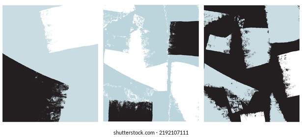 Simple Minimalist Vector Illustration with Black and White Grunge Brush Stripes on a Light Blue Background. Modern Abstract Art ideal for Wall Art, Layout, Poster. Cool Print with Big Stroke Lines.