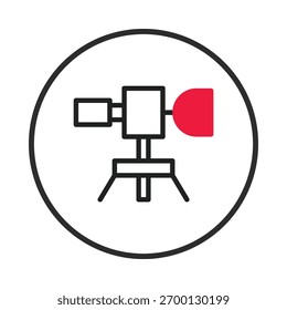 Sencilla y minimalista Ilustración vectorial de cámara y Fotografía. Esquema de la cámara con líneas limpias en un trípode dentro de un círculo. Elemento de diseño que representa el mundo de la Fotografía