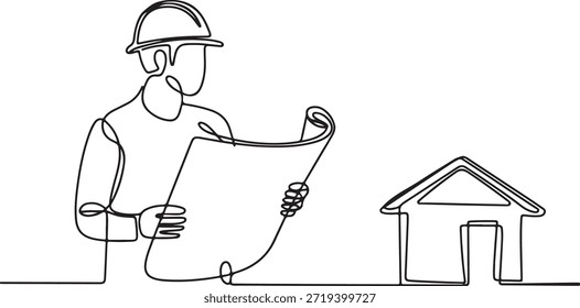  Uma ilustração vetorial simples e minimalista desenhada em uma única linha contínua, representando um engenheiro em um chapéu duro segurando e revisando um projeto para um novo edifício.