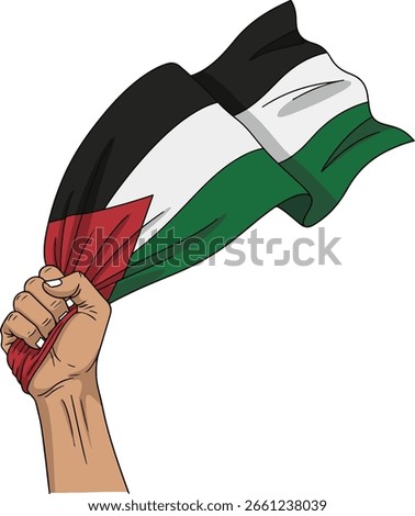 A simple minimalist vector illustration of a hand holding waving Palestine flag in a fist, white background, Free Palestine