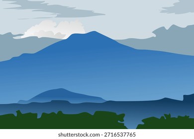 Simple minimalist vector illustration of layered blue mountains landscape with misty fog and clouds. Mount Tampomas, Indonesia.	