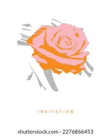 Simple Minimalist Vector Illustration with Pink-Orange Hand Drawn Rose Flower and Gray Abstract Leaves on a White Background. Modern Abstract Garden Design. Floral Print ideal for Invitation, Card. 