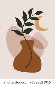 Simple minimalist vector illustration of a plant in a vase with abstract shapes and a crescent moon. Earthy tones and modern aesthetic. Perfect for wall art, home decor, and design projects.