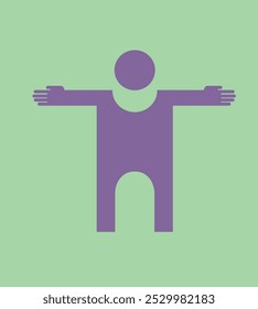 Simple, minimalist vector illustration of a purple human figure with outstretched arms on a light green background, representing openness or welcoming. For design, communication, or abstract concepts.