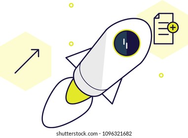 Simple minimalist vector illustration of spaceship.Modern isolated objects with polygonal shape.Flat and thin line rocket inside galaxy with letter,plus sign and arrow.For website presentation or blog