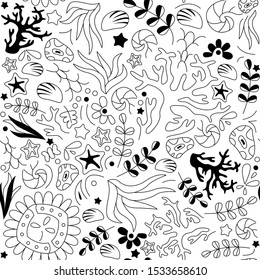 Simple minimalist vector illustration in underwater theme with corals, plants, sea shells and stars.Elegant composition in monochrome black and white for coloring book.Ocean ornamental cartoon objects